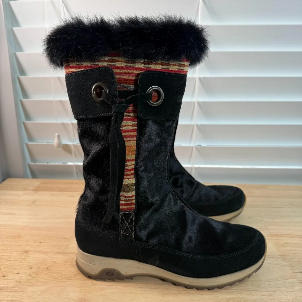 Tecnica Winter Snow Boots Women's Black Fur Trim Striped Side Zip Outdoor - 8.5